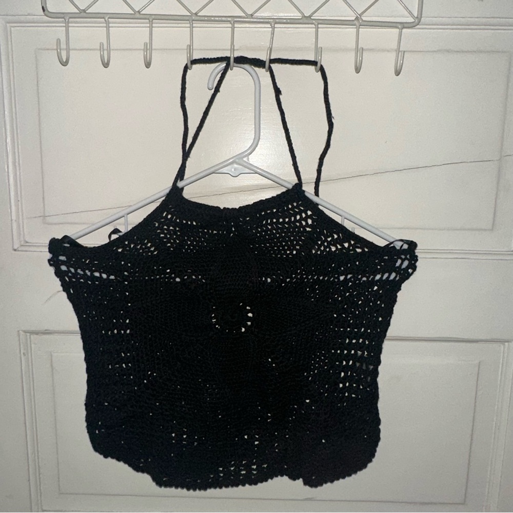 Vintage 90's Le Chateau Crochet Knit Lace Halter Top Ramie Cotton Blend Black - Picture 5 of 9